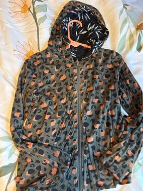 Posh Peanut Olive Green & Peach Leopard Print Zip Hoodie